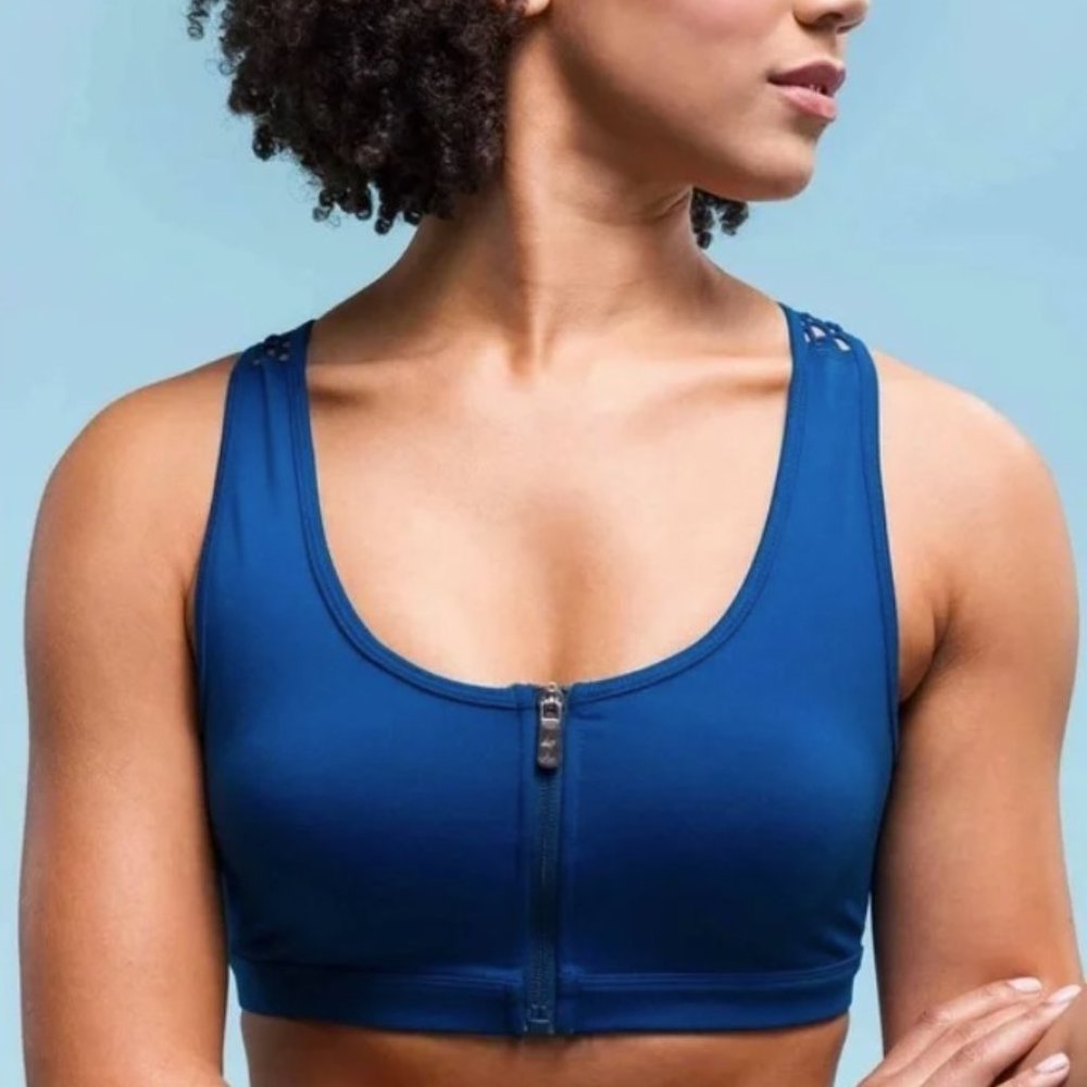 Popflex Active Zip Front Blue Mesh Sports Bra, Size 10